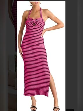 Pink & Black Knit Striped Halter Maxi Dress, Small